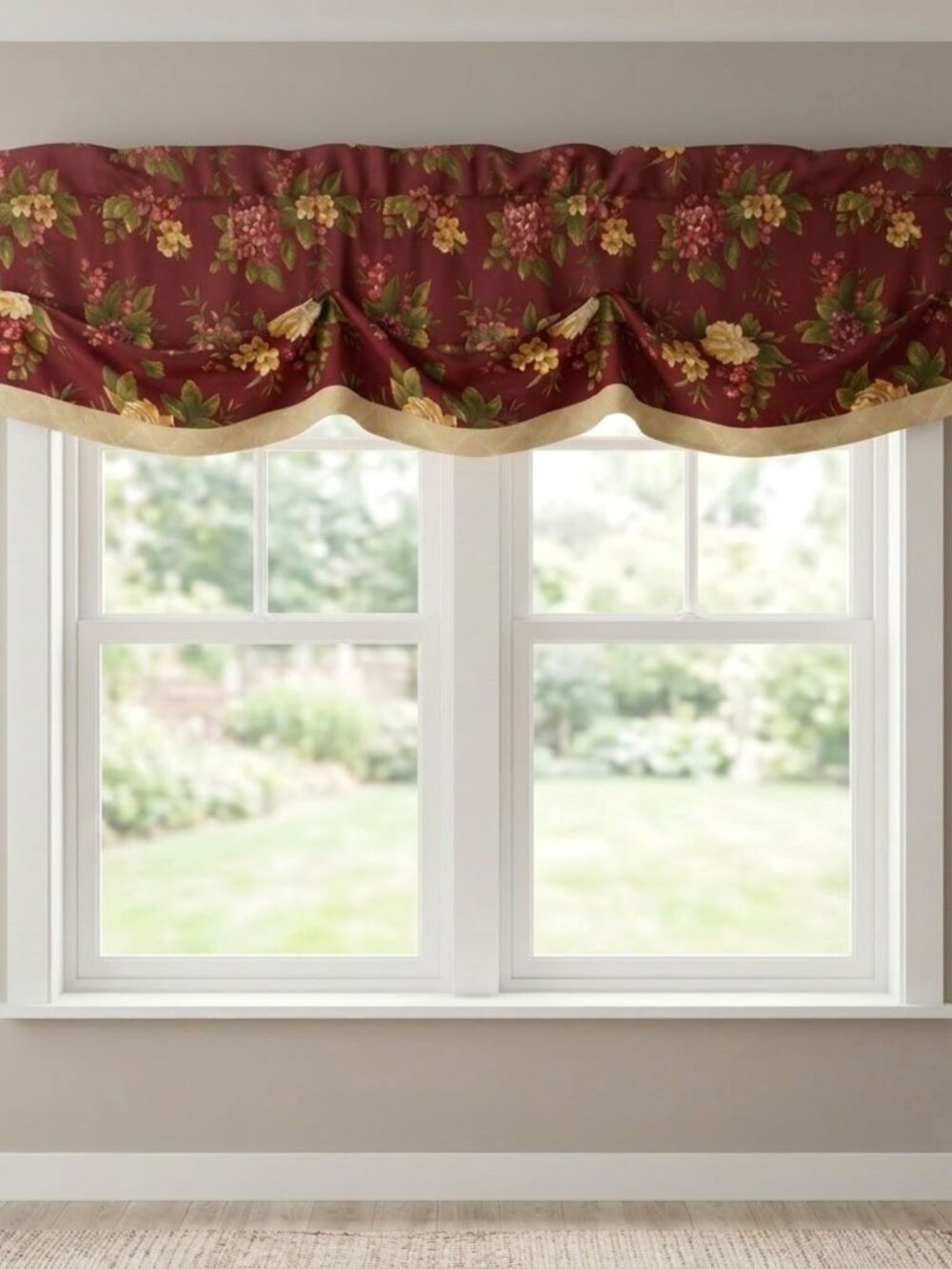 SET OF 3 Vintage Waverly Floral Manor Curtain Valances Dark Red Yellow Layered